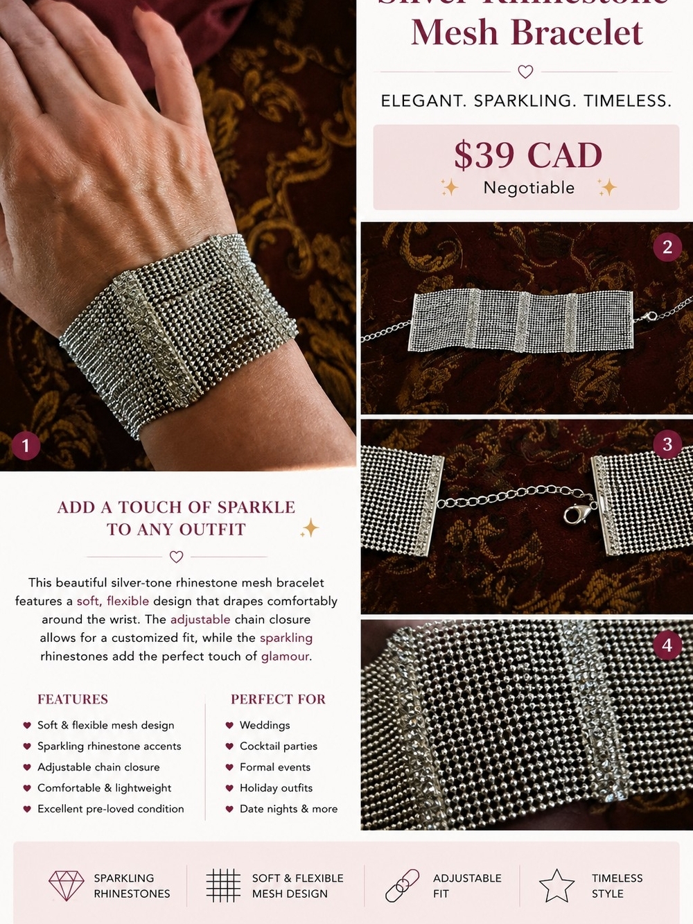 Silver Rhinestone Mesh Bracelet ✨ Adjustable Statement Bracelet